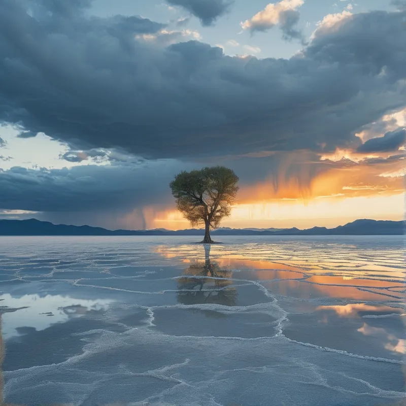 A solitary tree stands centered on a cracked salt flat reflecting the warm orange glow of a stormy sunset sky.
