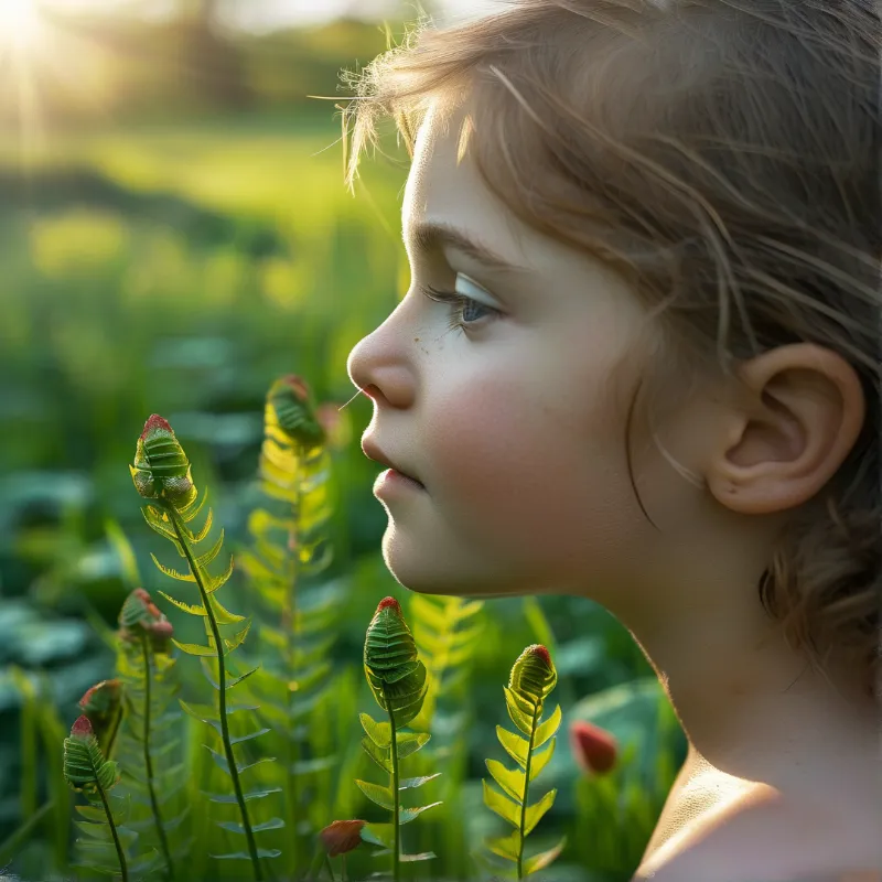 A young child with light hair looks closely at fiddlehead ferns growing in a field bathed in warm afternoon sun.