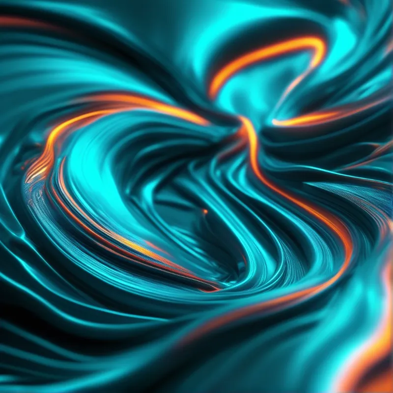 A glossy teal metal surface twists into soft waves while a glowing copper line traces through the folds.