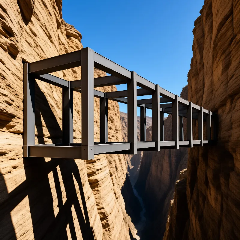 Minimalist steel structure connects two rocky cliffs above a deep canyon while casting sharp geometric shadows on stone surface.