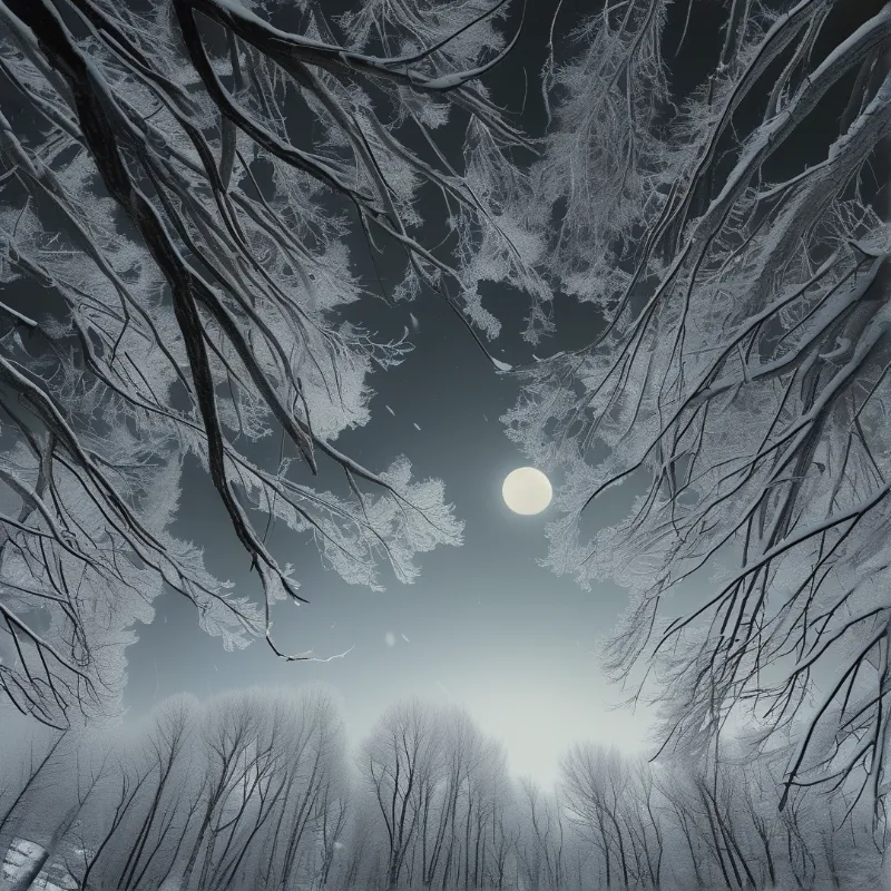 Icy tree branches form a natural frame around a bright moon visible in the grey winter sky.