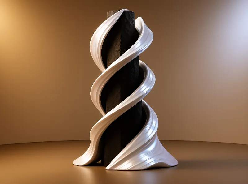 A smooth cream ribbon spirals upward around a dark wooden pillar set against a warm tan studio backdrop.