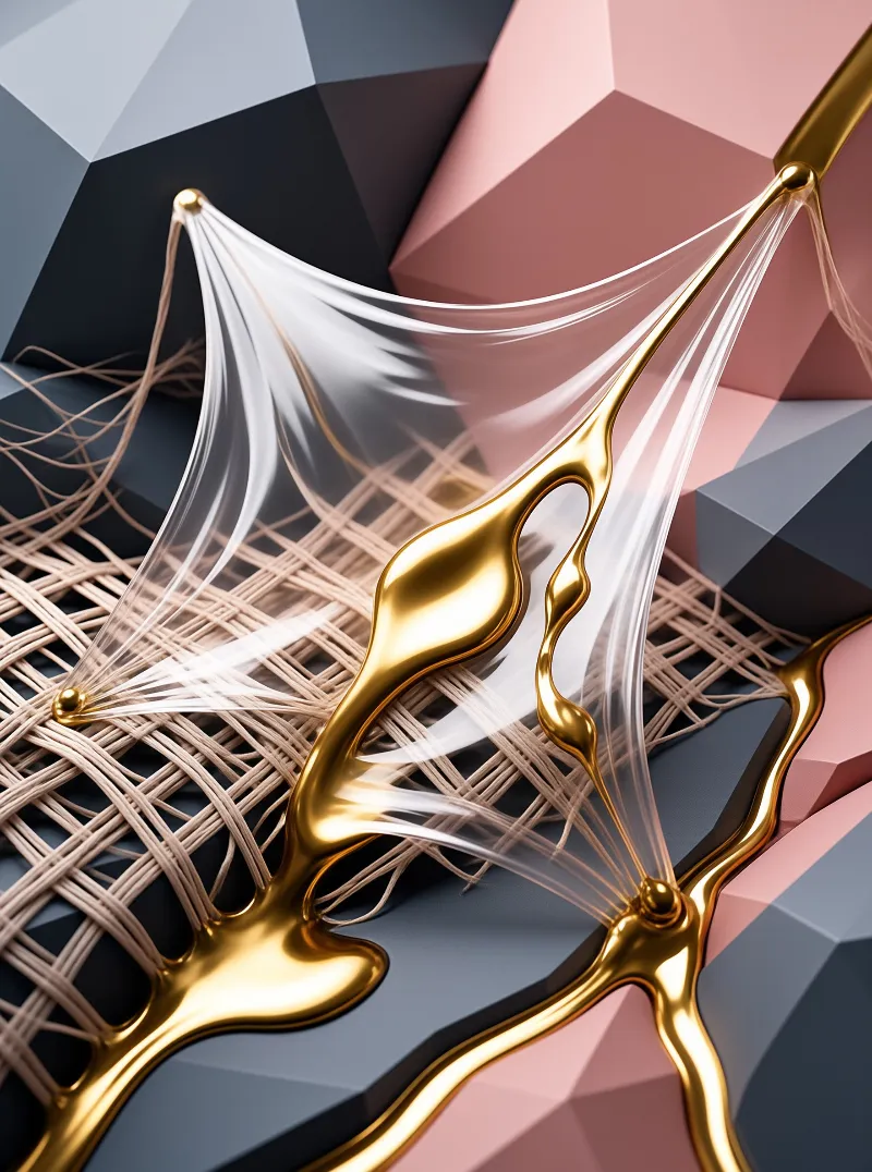 Molten gold flows across a white rope net and translucent fibers stretched between geometric pink gray and black shapes.