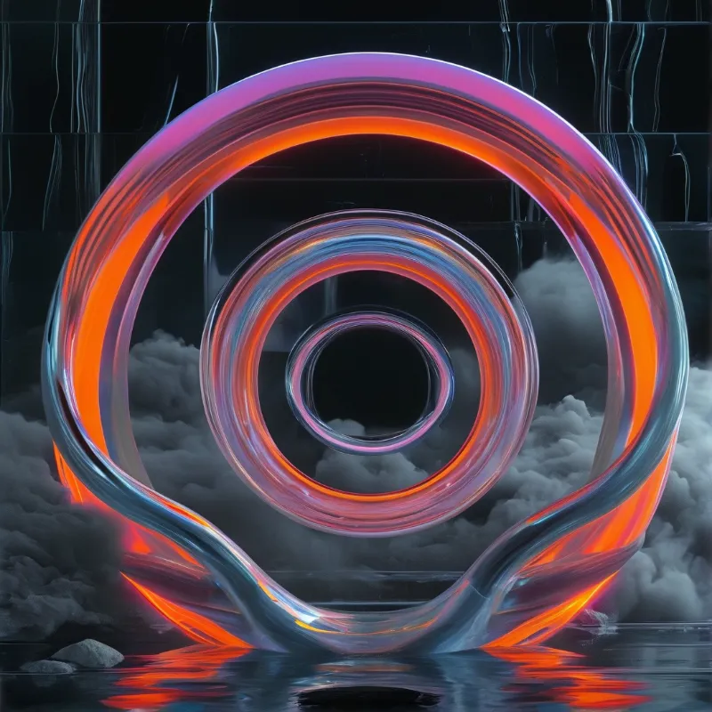 Three nested glowing rings hover in fog above black tiles, their orange and pink light reflected in still water.