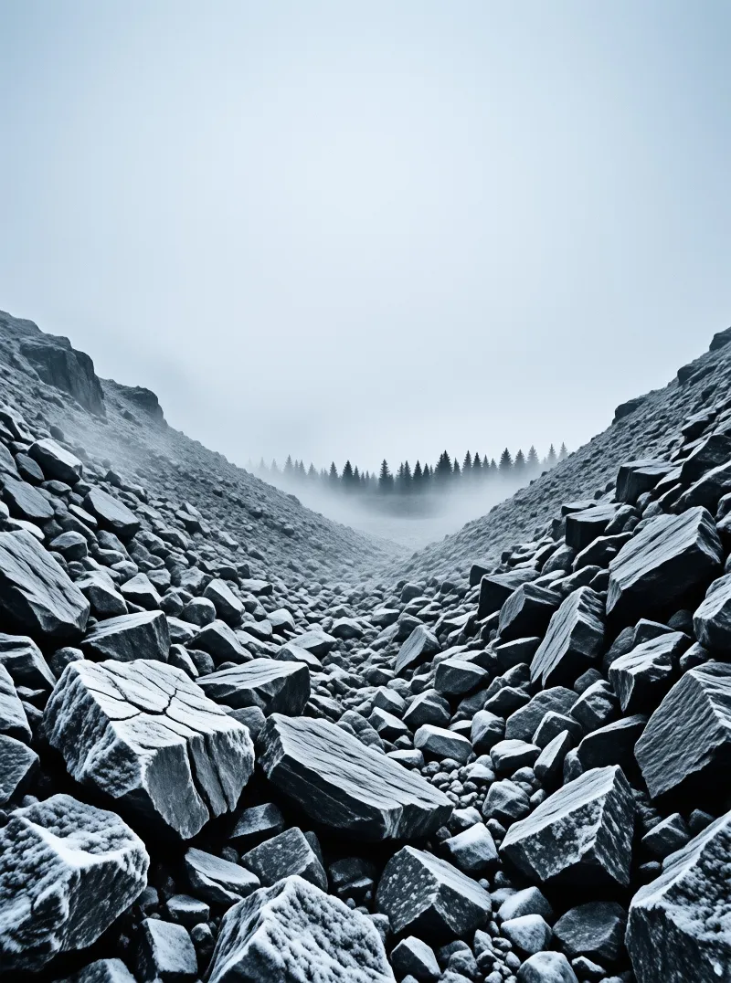A wide view of a rocky valley floor filled with large stones leading towards a line of trees hidden in fog.