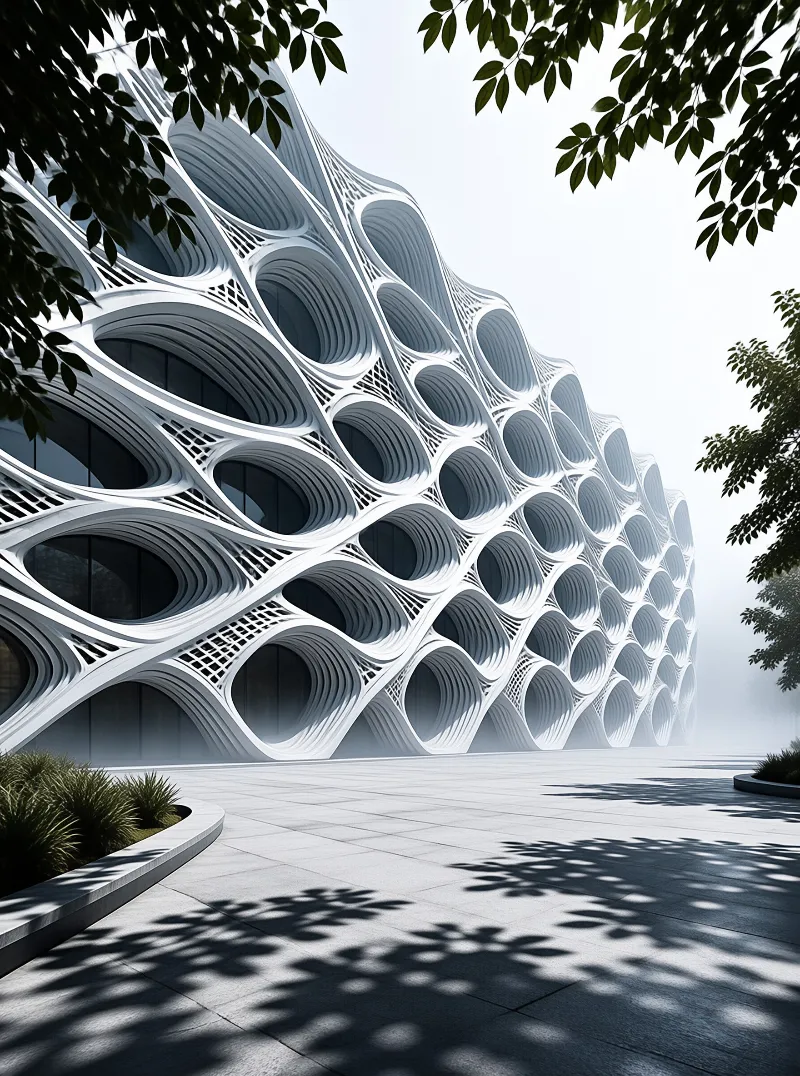 White architectural structure with organic curves and lattice patterns stands in a sunlit plaza under tree branches