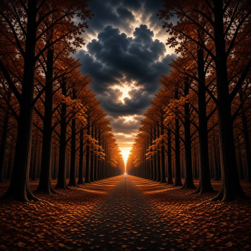 A symmetrical perspective captures a straight road covered in fallen leaves, flanked by tall trees with orange autumn foliage, leading toward a bright sun breaking through heavy dark clouds on the horizon.