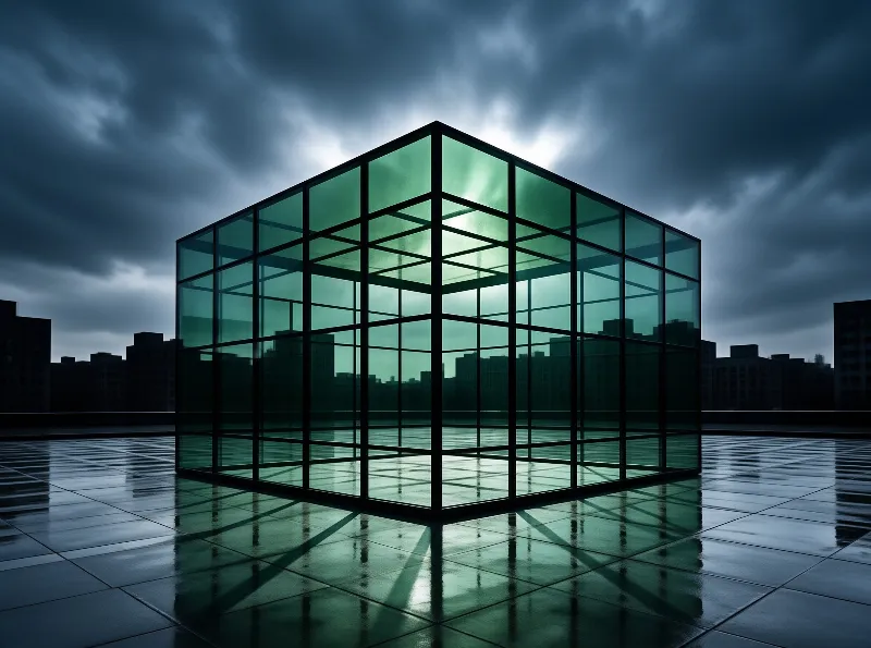 A hollow glass box stands on a slick surface beneath heavy clouds with city buildings in the distance.