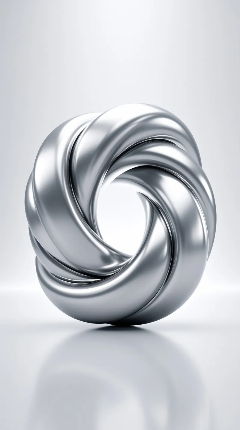 Highly reflective silver twisted metal sculpture with smooth curves on a white background with soft shadow beneath
