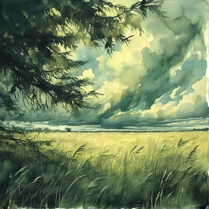 A watercolor landscape shows windswept tall grass and overhanging branches beneath a luminous stormy green-yellow sky.