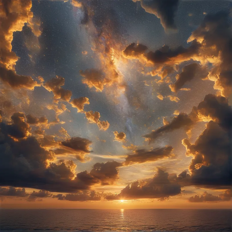 Dark clouds glowing with golden sunset light above a calm ocean with the sun on the horizon and stars in the upper sky