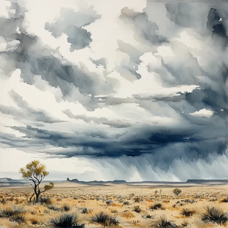 A lone tree and dry scrub stretch across a pale desert plain beneath towering grey storm clouds and distant rain
