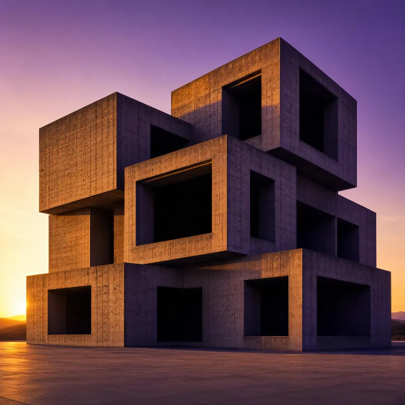 A large concrete cubic structure stands in an open plaza during sunset, with warm light casting shadows and a purple sky in the background