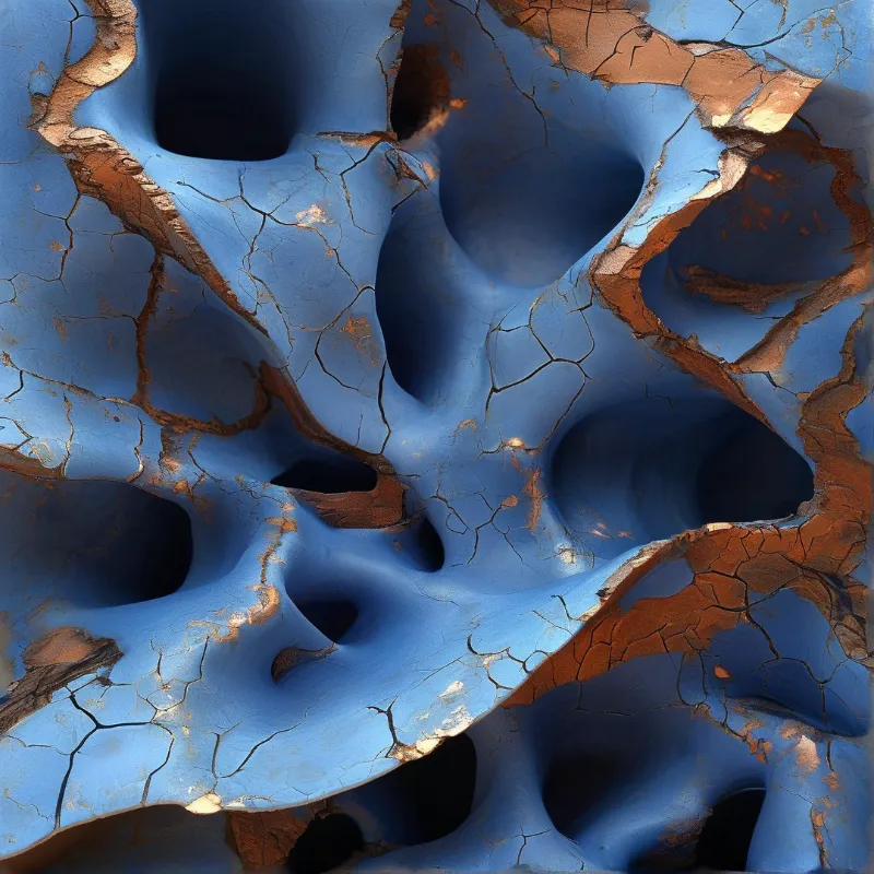A complex landscape of peeling blue clay revealing rough brown soil beneath a network of deep fractures and hollows.