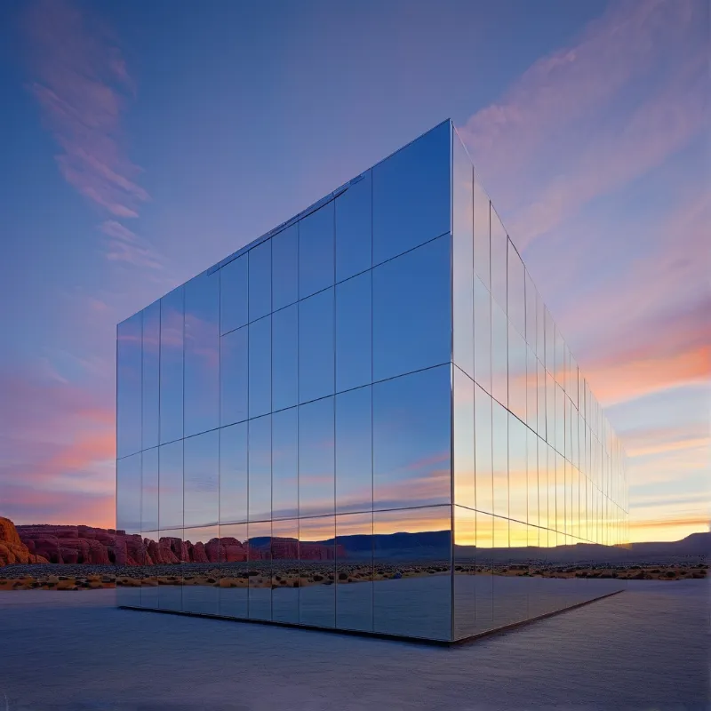A large mirrored cube structure sits in the desert, reflecting the colorful sky and distant red rock formations.