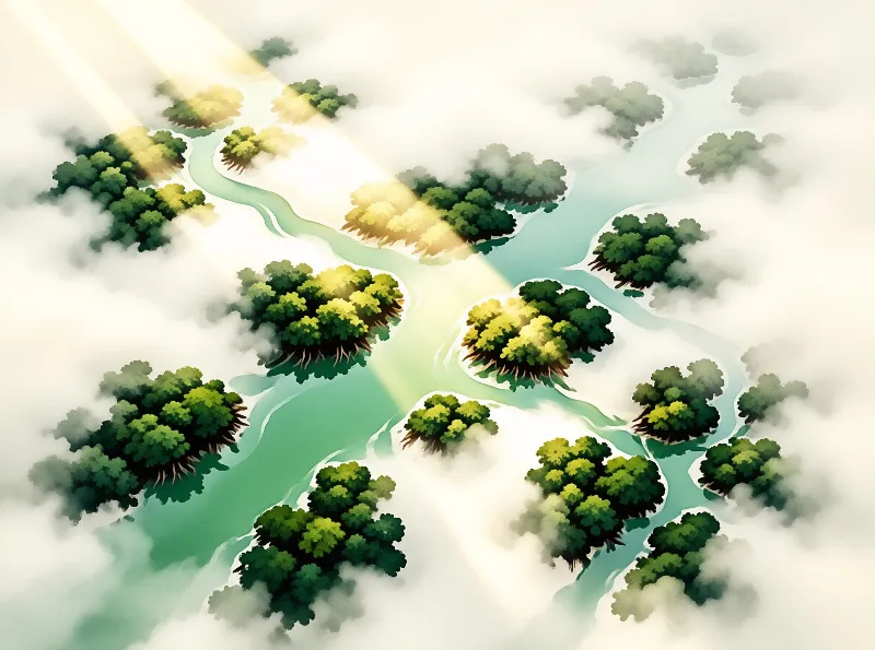 Winding pale stream threads between cloud shrouded forest islets as warm slanted sunlight cuts across the soft cloudy scene.