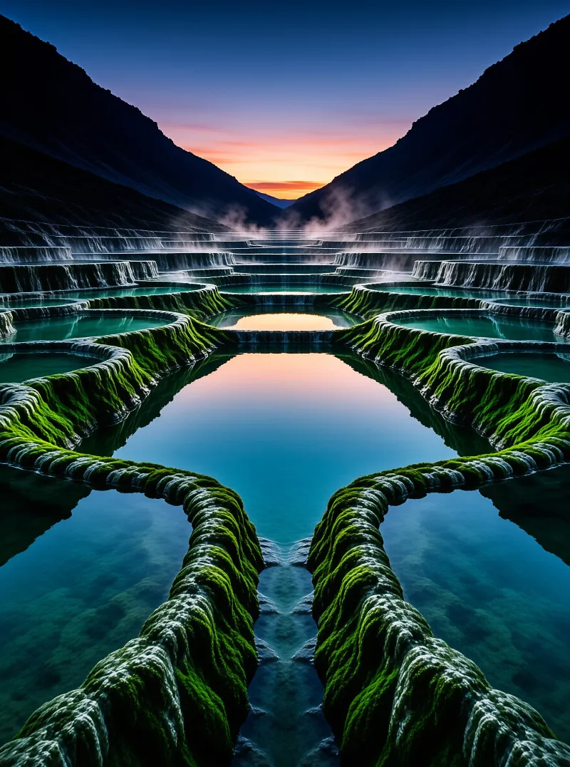 Mossy stepped waterfalls cascade through a dark valley reflecting the vibrant pink and blue twilight sky above.