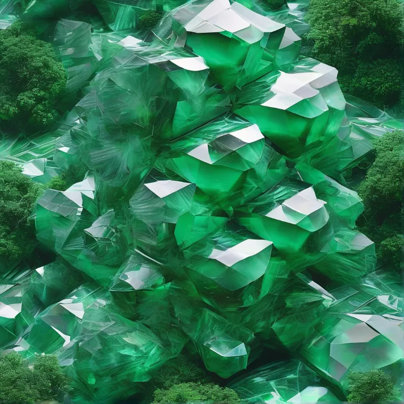 A massive green geometric structure rises above the surrounding trees with sharp reflective edges.