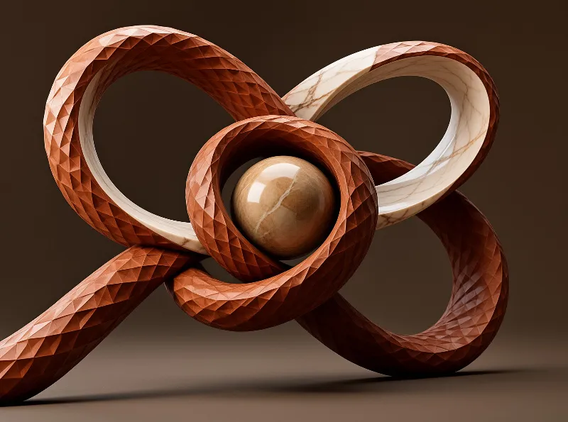 A reddish-brown low-poly ring twists around a smooth beige marble sphere set against a dark neutral background.