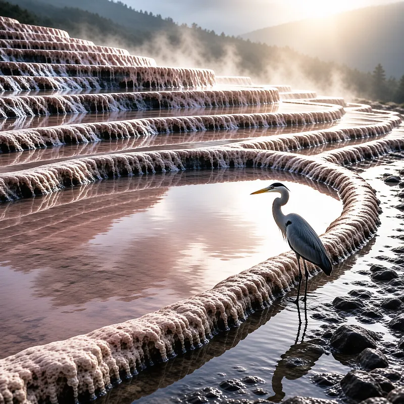 A slender heron wades along the rim of mineral terraces filled with warm water, backlit by morning mist