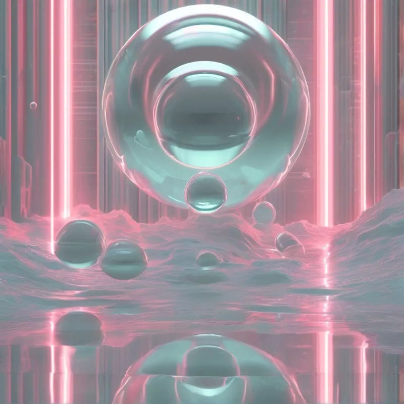 Transparent sphere floats above rippling liquid lit by pink neon lights, casting teal glow on glossy bubbles and fluid.
