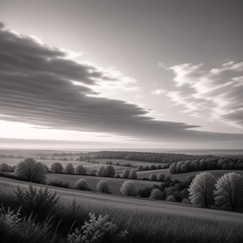 Monochrome landscape showing rolling fields dotted with trees beneath a vast sky of streaked horizontal clouds