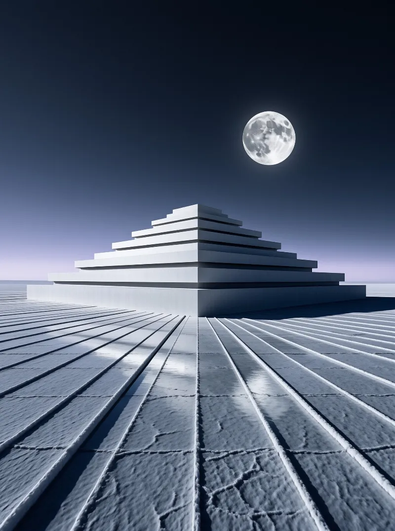 A white stepped ziggurat rises from a textured grooved plain under a dark sky featuring a bright full moon.
