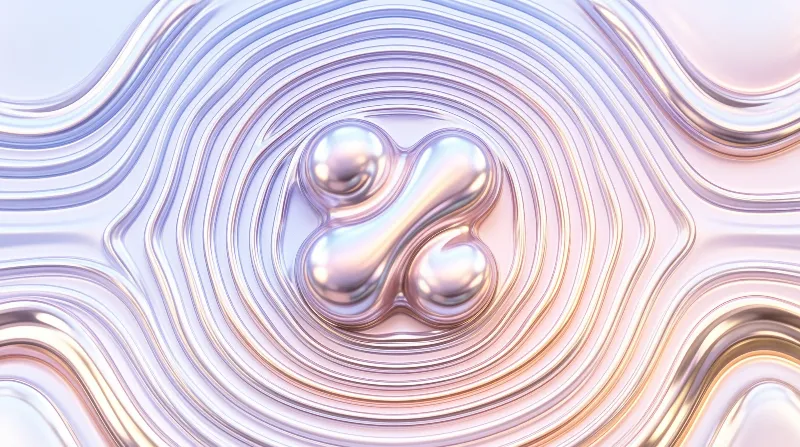 A shiny metal shape floats in the middle of a rippling surface displaying soft gradients of pink purple and gold.