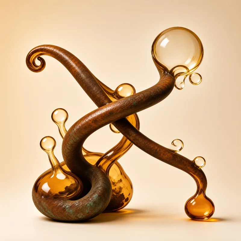 Curved bars of patinated bronze weave through blown amber bubbles against a soft cream studio backdrop