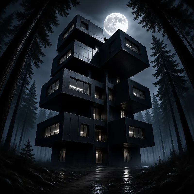 A dark modular building stands tall among pine trees with a large full moon shining behind it.