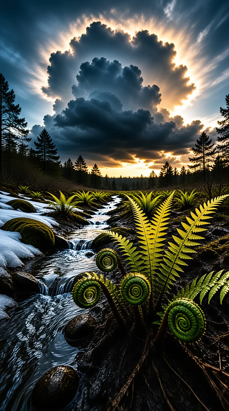 Bright green fern fiddleheads stand in the foreground next to a rocky stream flowing through a snowy landscape while dark clouds break apart to reveal golden sunlight in the distance.