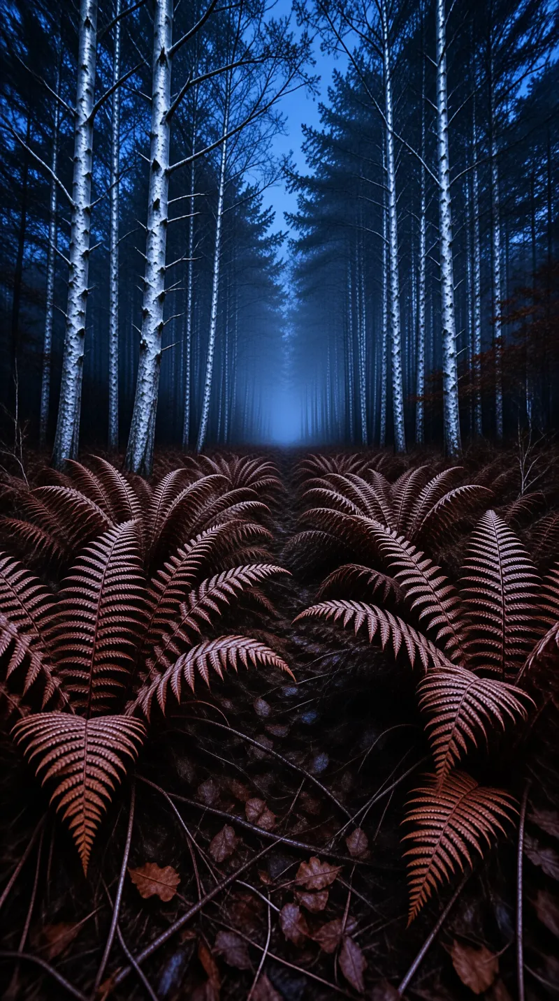 Copper colored ferns carpet the forest floor while pale birch trunks fade into a cool blue evening mist.