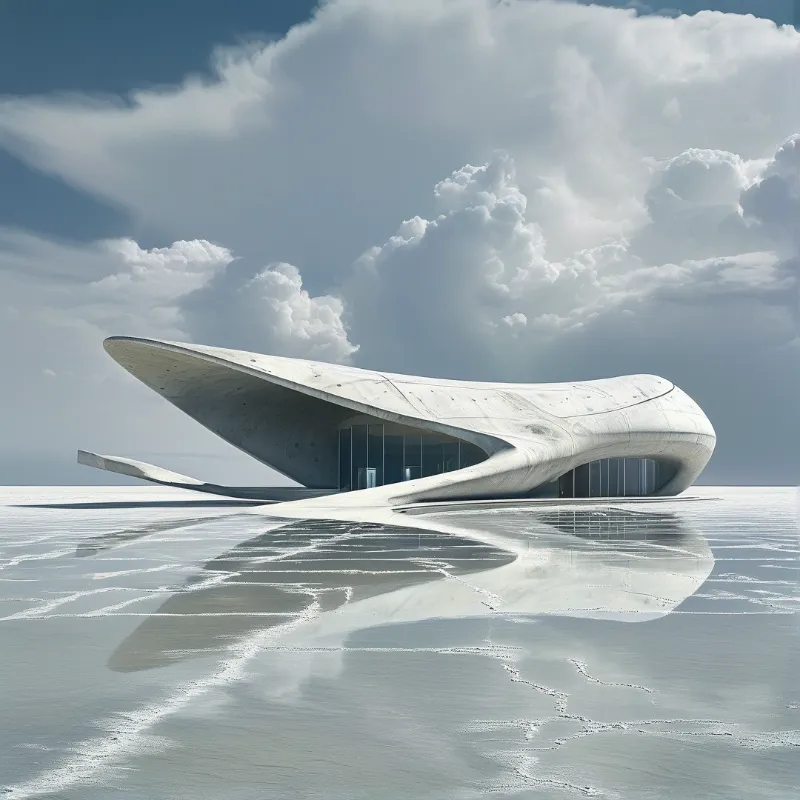A futuristic white structure with smooth curves sits atop a vast reflective salt flat under a cloudy sky.
