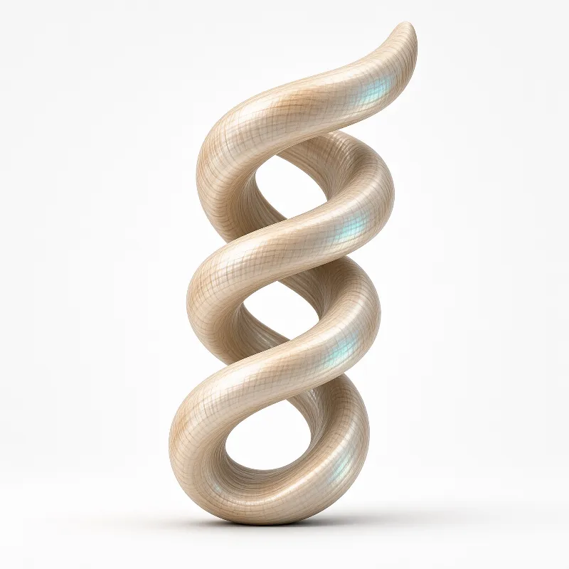 A smooth pale wooden spiral rises in loose loops on a bright seamless studio surface.