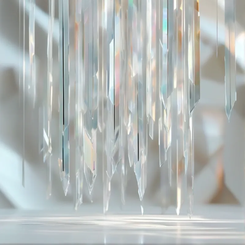 Clear vertical crystal fragments hang suspended in a bright room creating a shimmering effect with subtle color refractions.