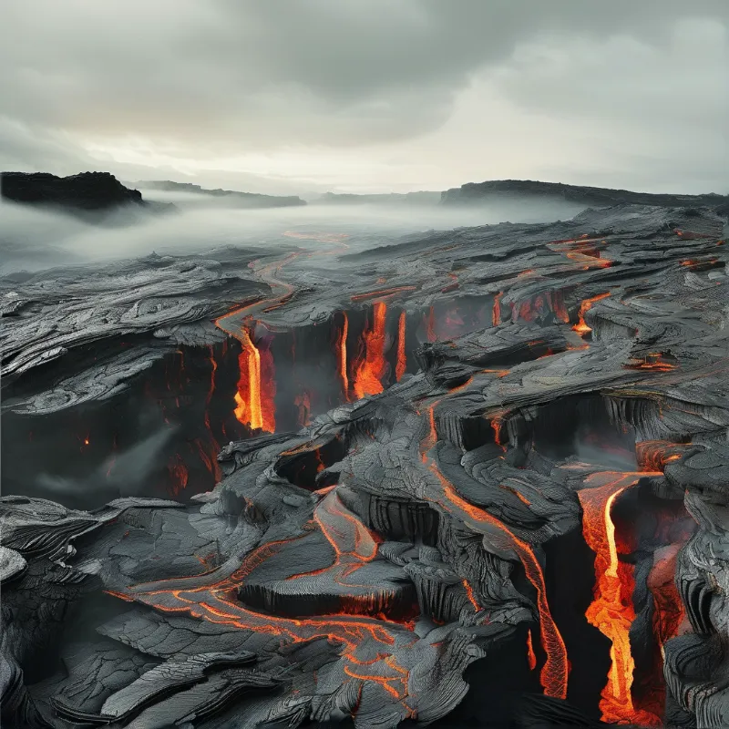 Molten rivers carve through blackened volcanic rock beneath a cloud-filled sky
