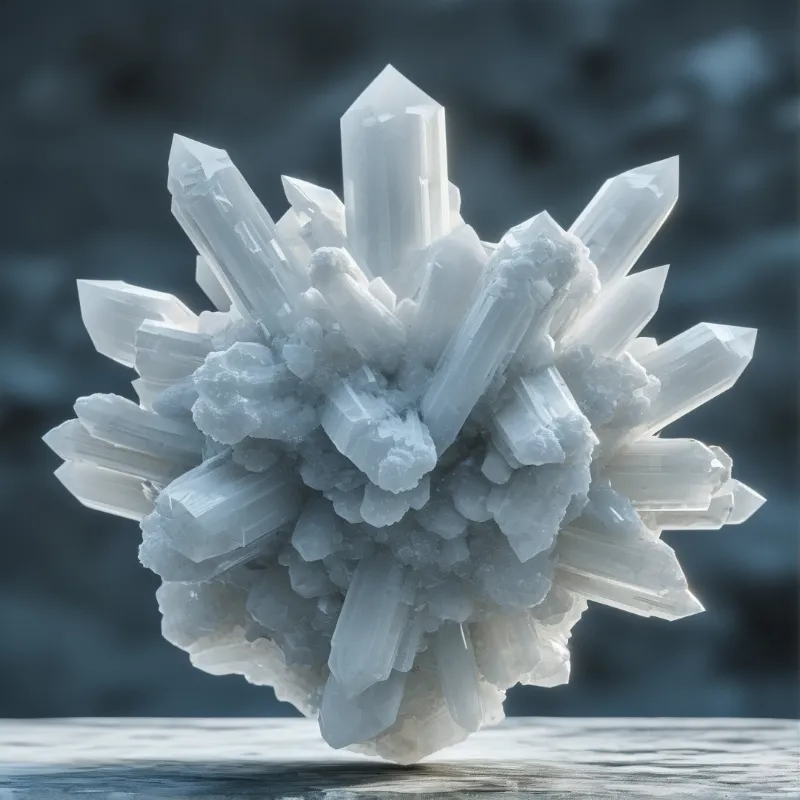 A large cluster of white quartz crystals sits centered on a smooth reflective surface against a dark background.