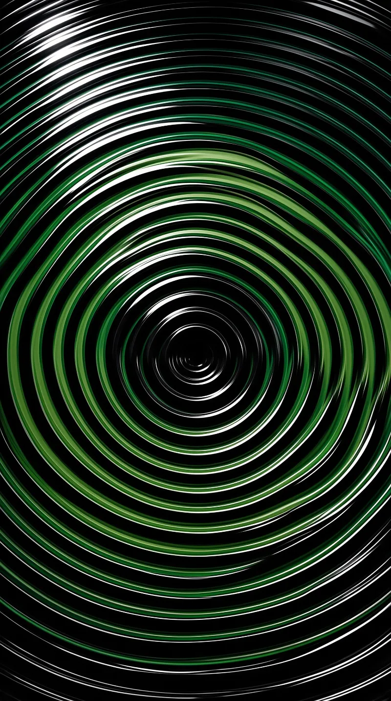 Radiating bands of emerald and white curve outward like ripples, their motion-blurred edges fading into deep black.