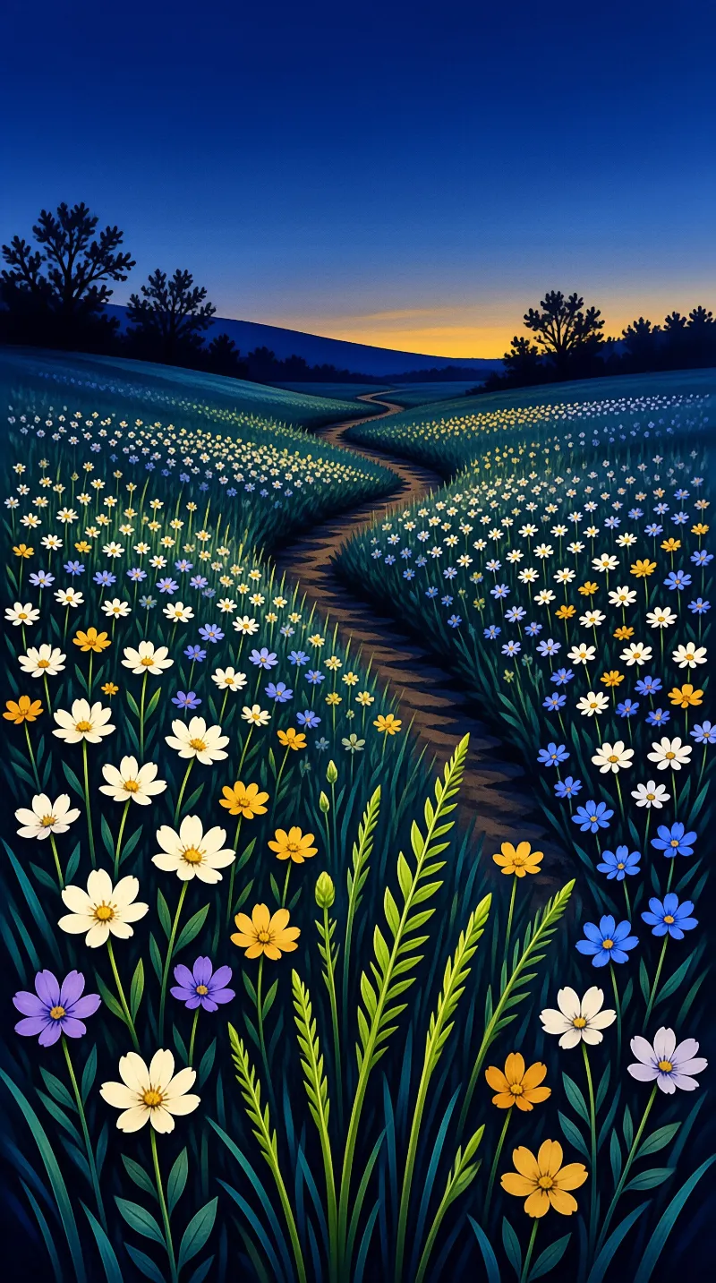A curving dirt trail cuts through a vibrant field of white and blue flowers under a deep blue evening sky.
