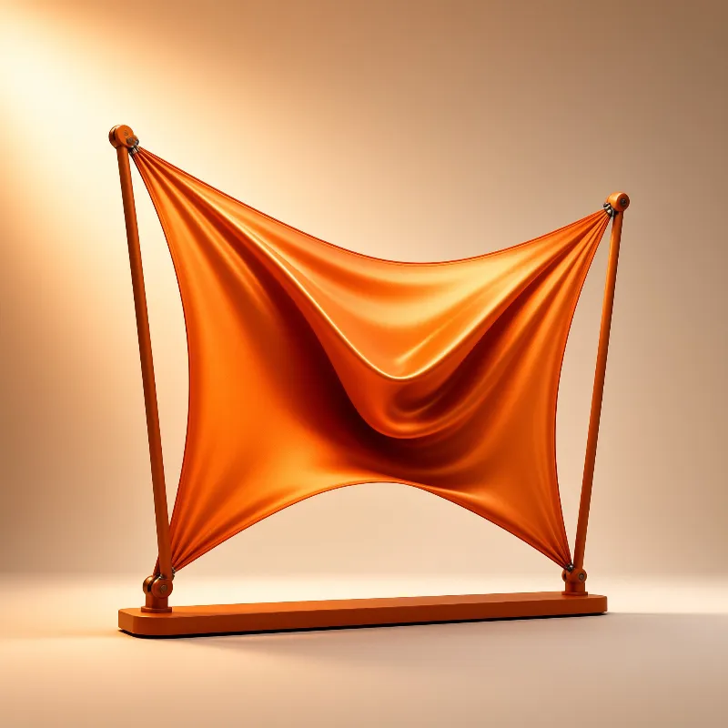 A sheet of glossy amber fabric is stretched taut between slender poles on a warm neutral set.