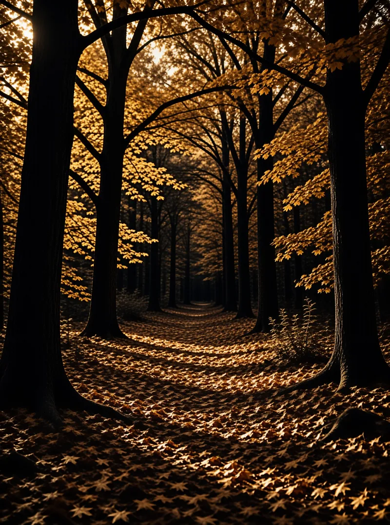 A winding woodland trail is carpeted with fallen leaves while tall dark trunks stand against bright yellow foliage