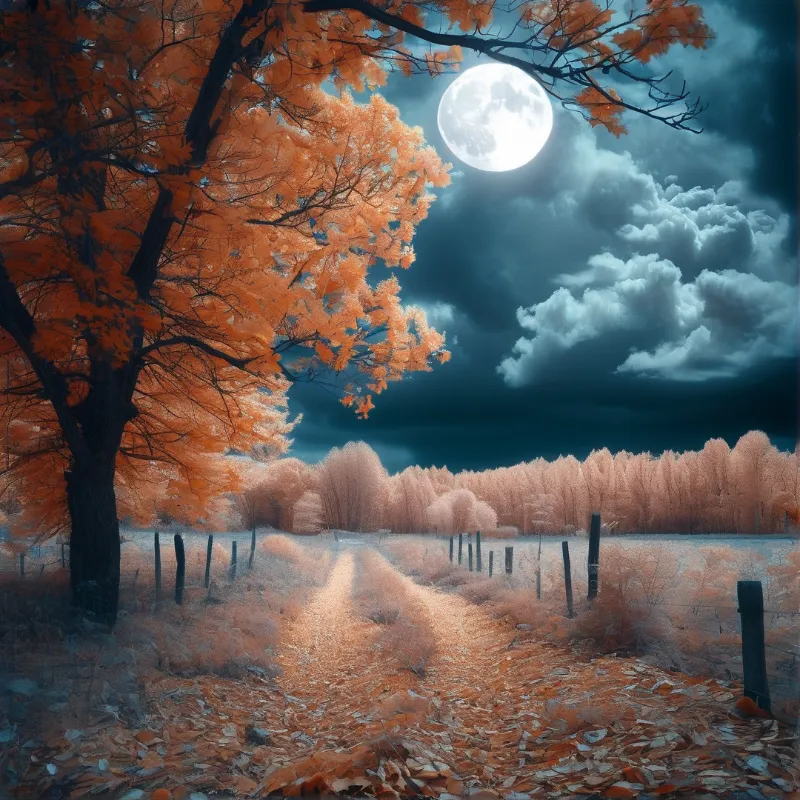 A large tree with fiery foliage stands beside a dirt road leading toward a forest under a luminous full moon.