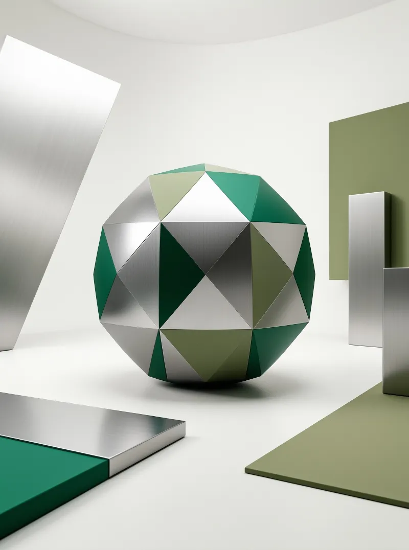 A many-sided ball of brushed silver and deep green triangles floats above a white floor between pale panels.