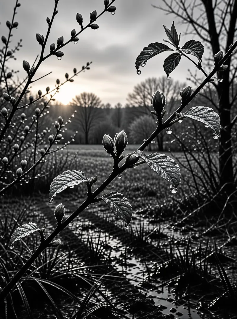 Monochrome Dew on Branches