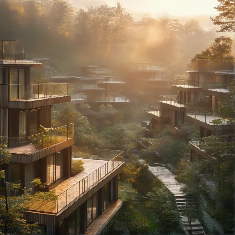Modern homes stack down a forest slope with wooden decks and glass railings bathed in golden mist.