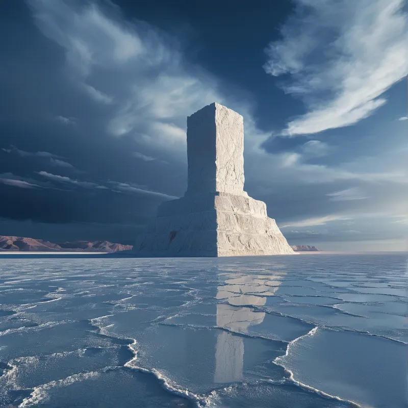 A pale rectangular stone tower stands on a vast salt flat, mirrored in shallow water under dark storm clouds.
