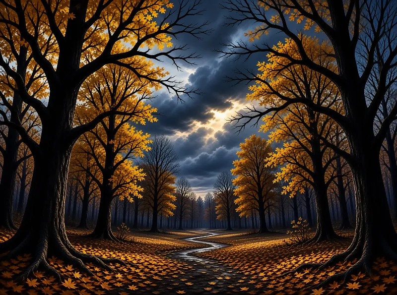 Tall black tree trunks frame a leaf strewn path where sunbeams pierce low clouds above an autumn wood.