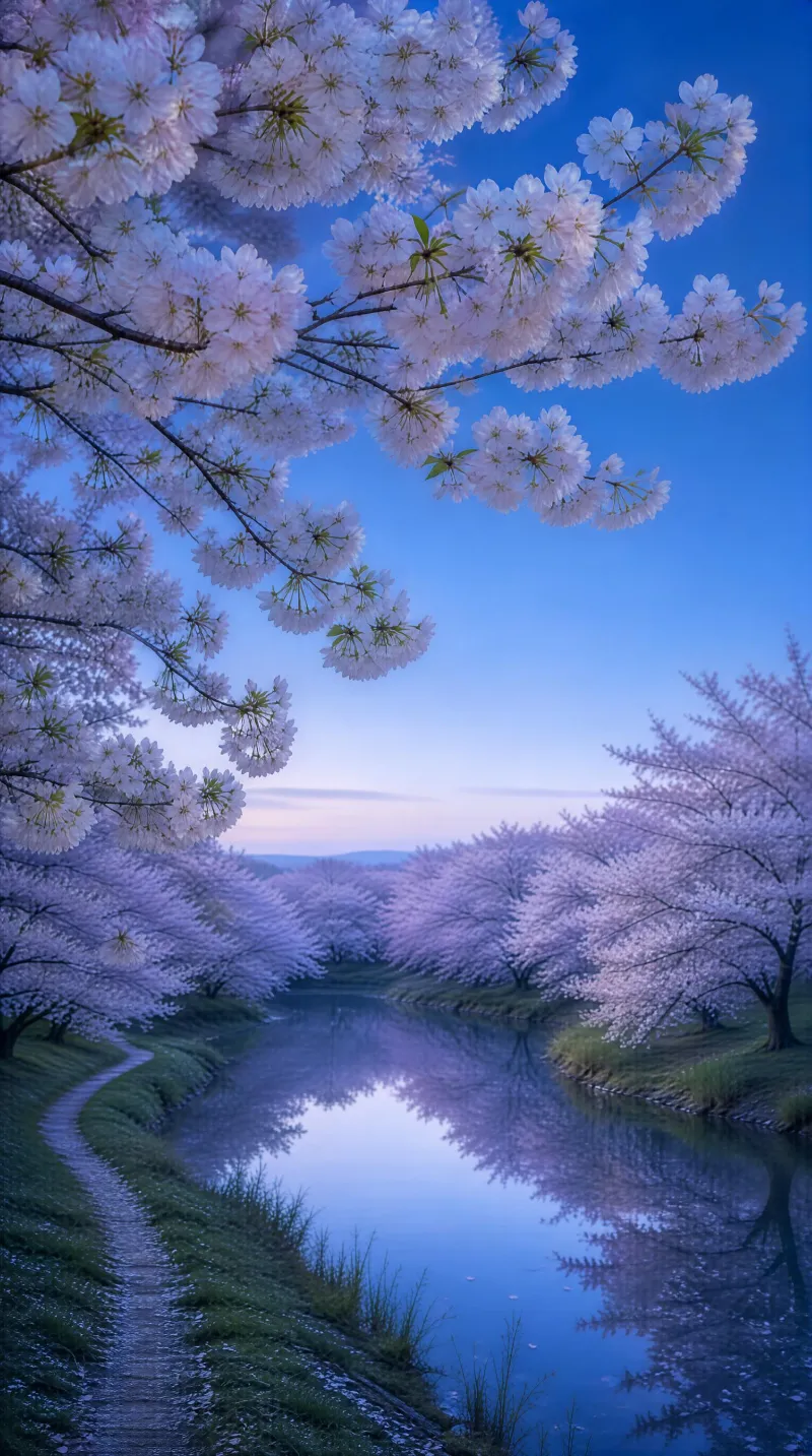 Cherry Blossoms by River