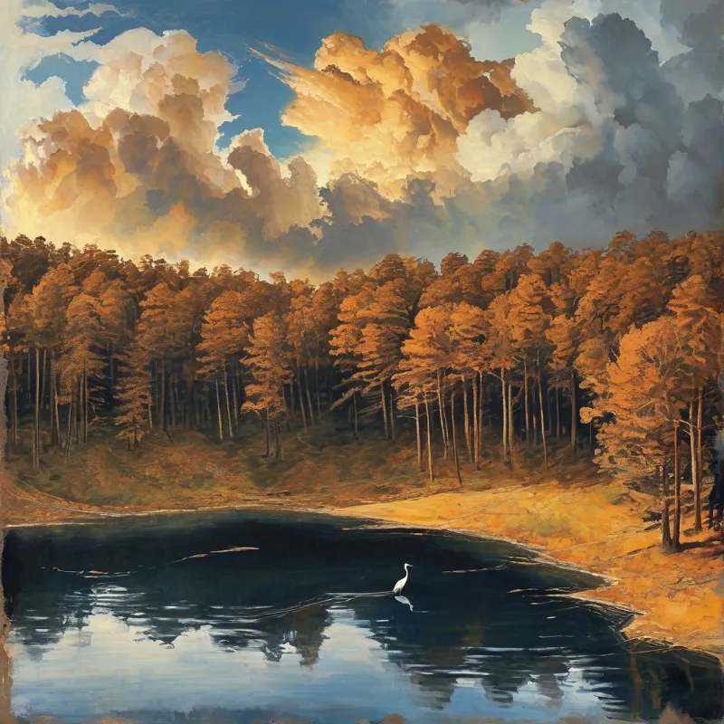 A solitary white heron wades in a calm dark lake bordered by a dense forest of tall trees under a cloudy sky