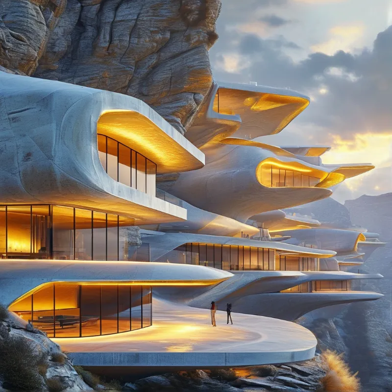 Sculptural white concrete balconies curve outward from a rocky cliff face, glowing with warm amber light at sunset.